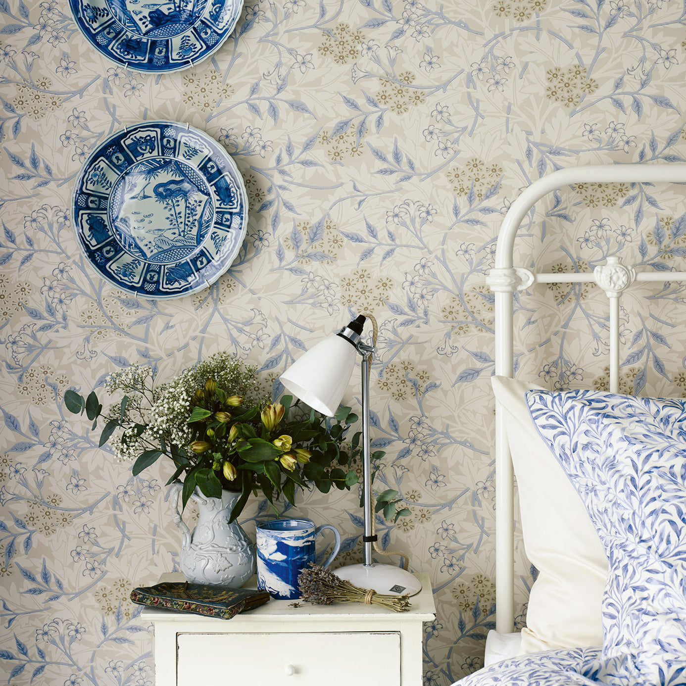 Morris & Co Jasmine Ecru Woad Blue Floral Wallcovering
