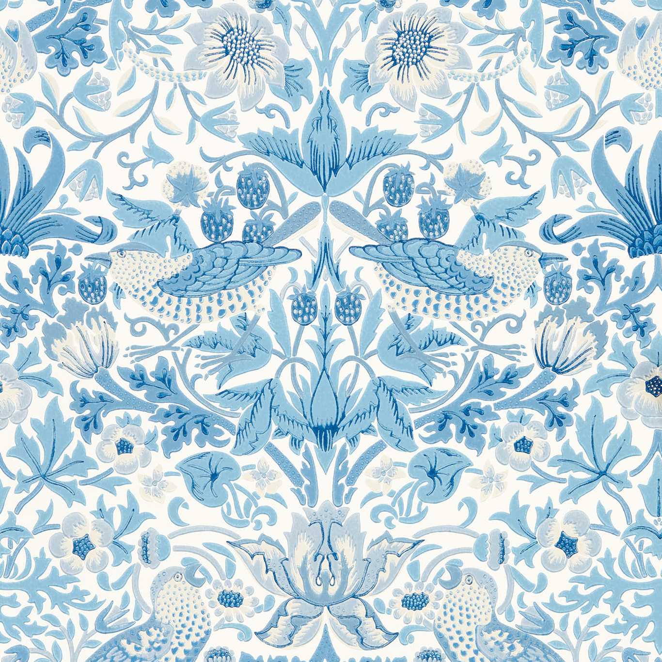 Morris & Co Simply Strawberry Theif Woad Blue Floral Bird Wallcovering