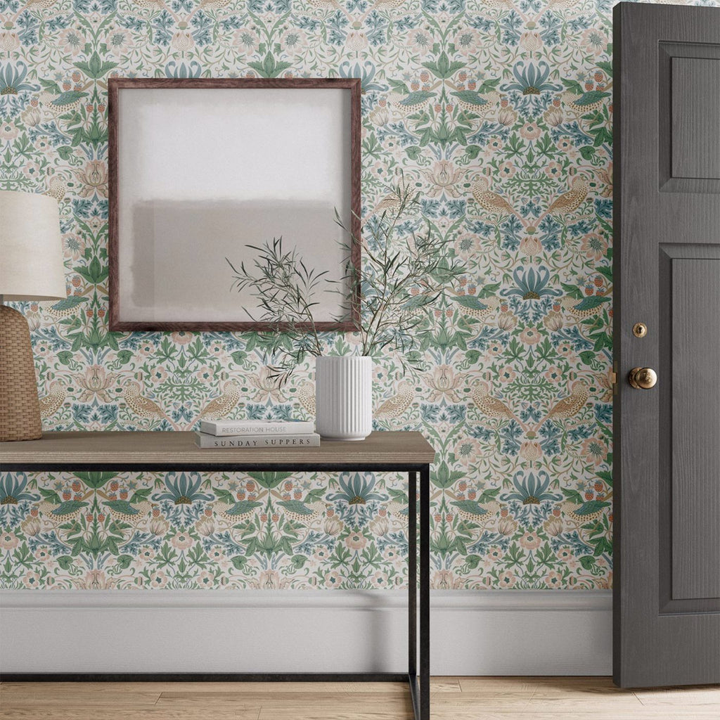 Morris & Co Simply Strawberry Theif Cochineal Pink Floral Bird Wallcovering
