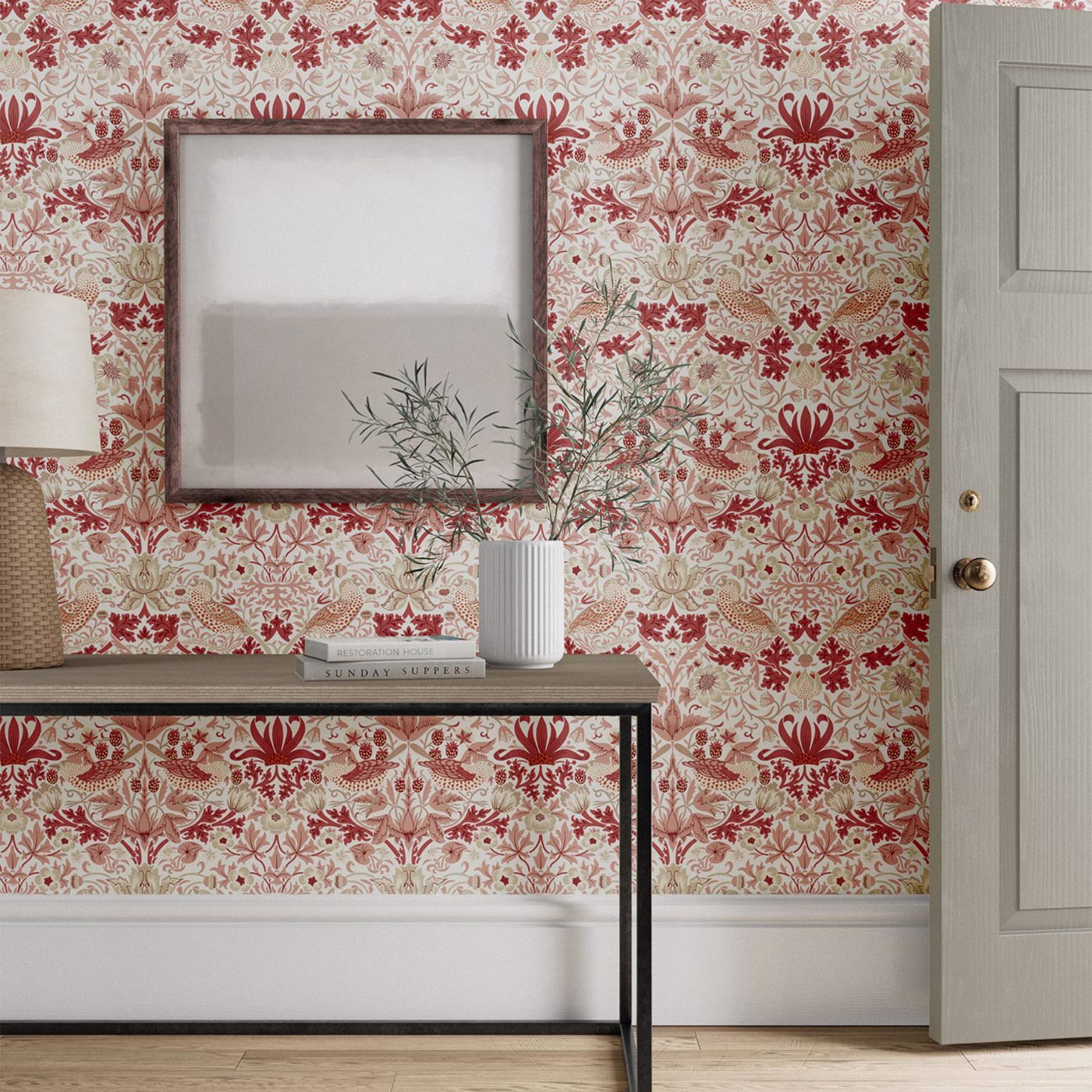 Morris & Co Simply Strawberry Theif Madder Pink Floral Bird Wallcovering
