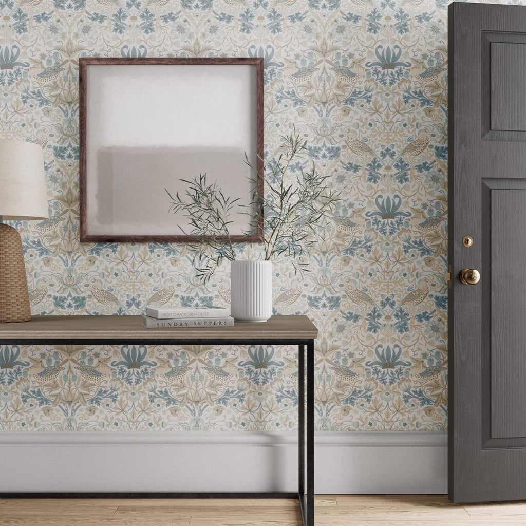 Morris & Co Simply Strawberry Theif Slate Vellum Blue Floral Bird Wallcovering